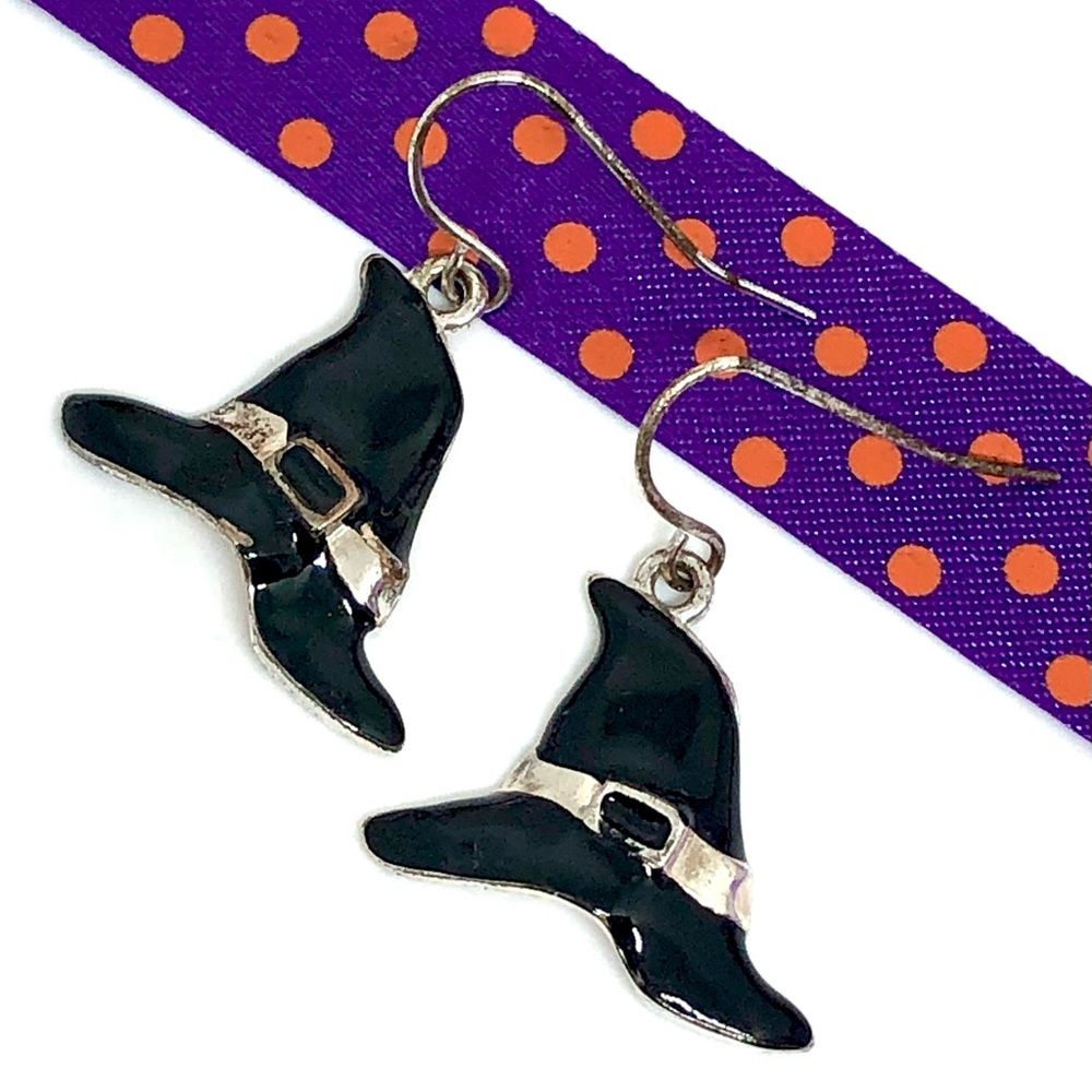 Halloween Black Enamel Silver Buckle Witch Hat Earrings Christopher & Banks NF